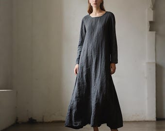 Vestido largo de lino, suelto, con volantes en la espalda, hecho a mano, minimalista, para mujer, primavera, verano y otoño.