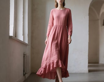 Linen Maxi Dress Long Sleeve Ruffle Hem Linen Dress Women Spring Summer Fall Linen Dress Handmade Linen Dress Custom Casual Romantic Dress
