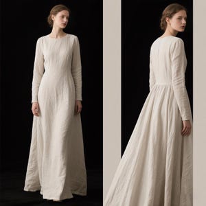 Elegant White Linen Long Sleeve Dress with Boat Neckline Full-Length Maxi Dress Summer Fall Dress Cottagecore A-Line Dress Custom Dress