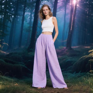 Linen Wide Leg Pants Women Elastic Waist High Rise Summer Trousers with Pockets Flowy Linen Pants Handmade Pants Custom Pants Long Pants