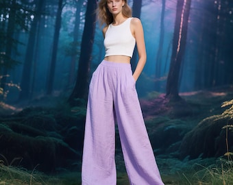 Linen Wide Leg Pants Women Elastic Waist High Rise Summer Trousers with Pockets Flowy Linen Pants Handmade Pants Custom Pants Long Pants