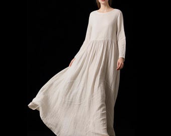 Flowy Linen Maxi Dress Long Sleeve Round Neck Dress with Pockets Floor Length Dress Spring Fall Dress Romantic Dress Handmade Custom Dress
