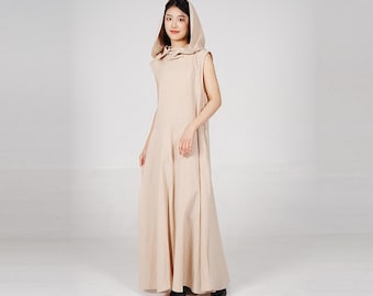 Hooded Linen Maxi Dress, Sleeveless Medieval-Inspired Dress, Ethereal Fantasy Dress, Linen Kaftan Dress, Summer Dress, Custom Boho Dress