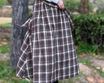 Wool Plaid Skirt, Long Wool Skirt, Tartan Wool Maxi Skirt, Vintage Swing Skirt, A Line Flared Skirt, Boho Bow Belt Skirt, Fall Winter Skirt