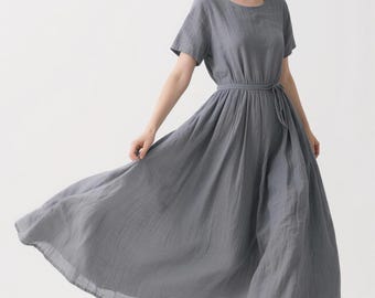 Flowing Linen Maxi Dress with Pockets Short Sleeve Belted Minimalist Dress Round Neck Summer Dress A-Line Dress Plus Size Dress Custom Dress