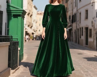 Emerald Green Velvet Dress Women, 3/4 Sleeve Velvet Floor Length Gown, Elegant Handmade Velvet Maxi Dress, Fall Winter Formal Evening Dress