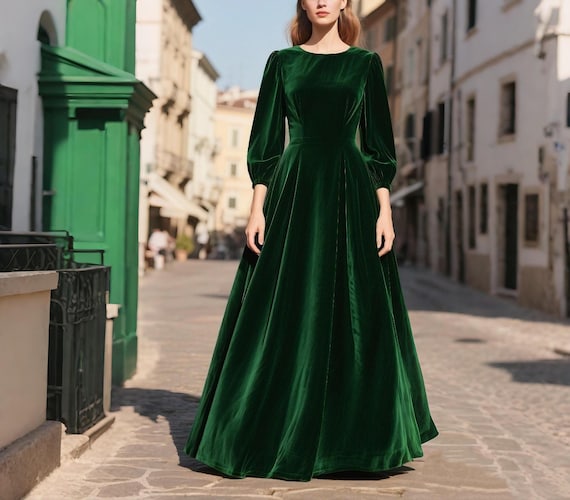 green emerald velvet dress Embellished V Neck 3/4 Sleeve A Line Gown – Elegant Threads