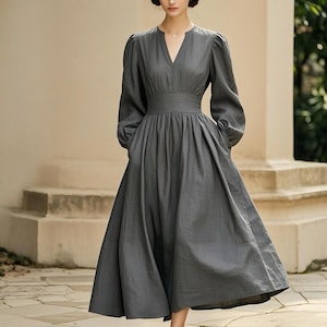 Elegant Linen Long Sleeve Maxi Dress Vintage Puff Sleeve Summer Dress with Pockets V-Neck A-Line Dress Cottagecore Dress Women Custom Dress