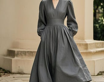 Linen Maxi Dress Vintage Long Sleeve Puff Sleeve Spring Summer Dress with Pockets V-Neck A-Line Dress Cottagecore Dress Women Custom Dress