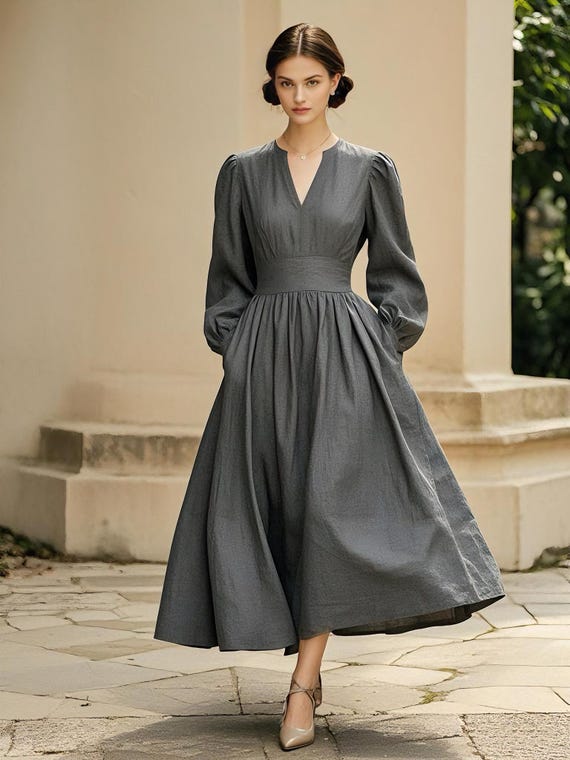 Linen Maxi Dress Vintage Long Sleeve Puff Sleeve Spring Summer Dress with Pockets V-Neck A-Line Dress Cottagecore Dress Women Custom Dress