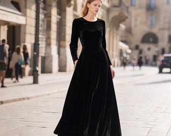 ブラックベルベットマキシドレス レディース ロングスリーブ フロア丈 フォーマルイブニングドレス エレガント 秋冬 パーティードレス ホリデーガラ衣装 カスタムドレス
