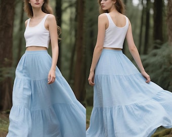 Linen Tiered Maxi Skirt Women Elastic Waist Skirt Flowy A Line Boho Skirt With Pockets Custom Skirt Summer Fall Skirt Soft Cottagecore Skirt
