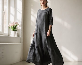 Linen Maxi Dress Tiered Linen Dress with Ruffle Hem Handmade Long Linen Dress for Women Spring Summer Fall Dress Custom Dress Casual Dress