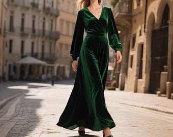 Vestido longo de veludo verde esmeralda, manga comprida, decote em V, vestido de noite, elegante, outono-inverno, festa de fim de ano, vestido formal, vestido personalizado