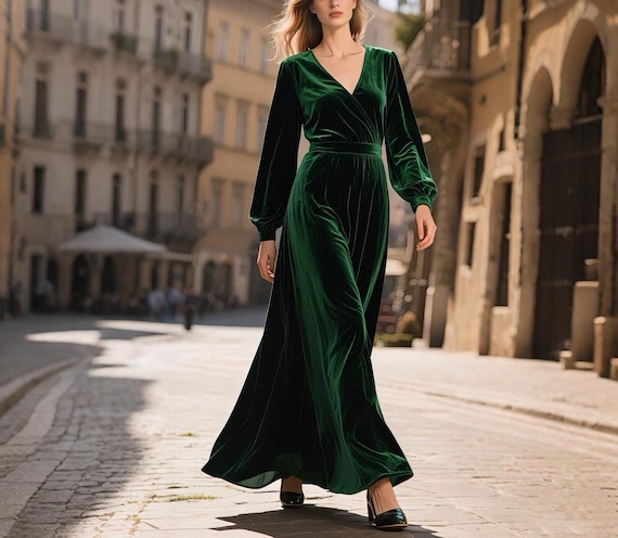 Emerald Green Velvet Maxi Dress Long Sleeve V Neck Dress Evening Gown  Elegant Fall Winter Dress Holiday Party Formal Dress Custom Dress - Etsy  Israel