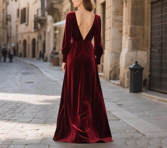 deep v neck burgundy dress Velvet Women, Long Sleeve Maxi Dress, Elegant Backless Winter Dress, Handmade Formal Evening Gown Custom Dress Size:Only Dress & Headband 2pc Newborn 27 Blue Eyeshadow Looks tiereddress Formal dresses neckline elongates your silhouette