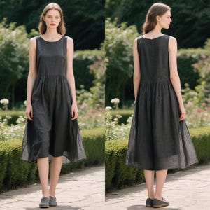 Vestido midi de lino sin mangas, cintura fruncida, bolsillos, holgado, informal, corte A, de verano, talla grande, para mujer