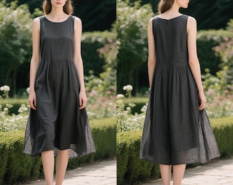 Sleeveless Linen Midi Dress Gathered Waist Linen Dress with Pockets Loose Casual A-Line Summer Dress Custom Dress Plus Size Dress for Women