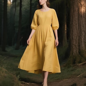 Linen Maxi Dress with Half Sleeves Custom Linen Dress Romantic Cottagecore Dress Handmade Fit and Flare Dress with Pockets Soft Flowy Dress