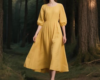 Linnen maxi-jurk met halve mouwen aangepaste linnen jurk romantische cottagecore-jurk handgemaakte fit & flare-jurk met zakken Zachte vloeiende jurk