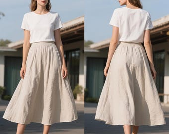 Linen A-Line Maxi Skirt with Elastic Waist Flowy High Waist Skirt with Pockets Summer Skirt Soft Flared Skirt Handmade Custom Linen Clothing