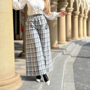 Wool Pants Straight Wide Legs Wool Pants Women Pants Warm Fall Winter Pants Loose Pants Wool Plaid Pants Casual Loose Pants with Pockets