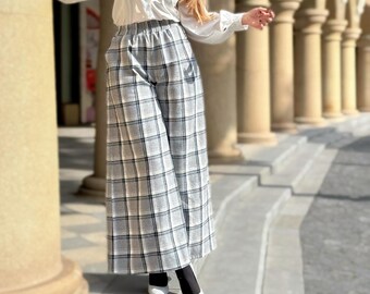 Pantaloni di lana dritti e larghi, pantaloni di lana da donna, pantaloni caldi autunnali e invernali, pantaloni larghi, pantaloni a quadri di lana, pantaloni casual larghi con tasche