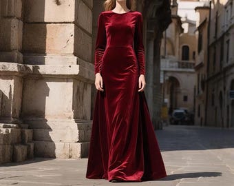 Vestido largo de terciopelo rojo vino para mujer, vestido largo hasta el suelo con mangas largas, elegante vestido de noche para otoño e invierno, traje formal para fiesta, vestido personalizado hecho a mano.