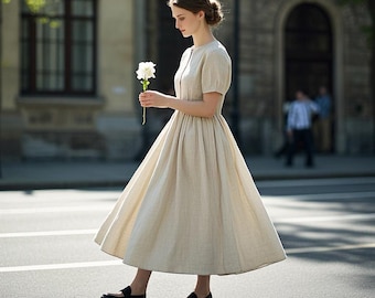 Robe longue en lin vintage Robe à manches courtes avec taille élastique Robe d'été élégante Cottagecore Robe trapèze romantique en lin Robe personnalisée