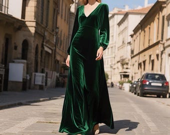 Emerald Green Velvet Maxi Dress Deep V Neck Long Sleeve Dress Open Back Evening Gown Elegant Fall Winter Dress Holiday Party Custom Dress