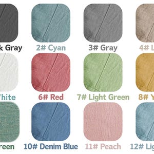 May include: A grid of twelve fabric swatches in various colours, each labelled with a number and name: 1#Black Gray, 2#Cyan, 3#Gray, 4#Linen, 5#White, 6#Red, 7#Light Green, 8#Yellow, 9#Green, 10#Denim Blue, 11#Peach, and 12#Light Blue.