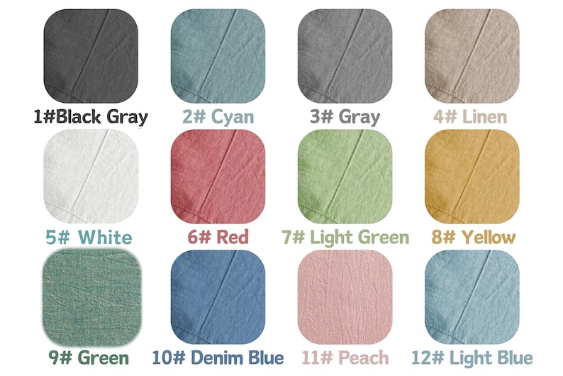 May include: A grid of twelve fabric swatches in various colours, each labelled with a number and name: 1#Black Gray, 2#Cyan, 3#Gray, 4#Linen, 5#White, 6#Red, 7#Light Green, 8#Yellow, 9#Green, 10#Denim Blue, 11#Peach, and 12#Light Blue.