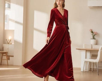 Burgundy Velvet Dress Women Wrap Dress Long Sleeve Robe for Wedding  Bridesmaid Maxi Dress Winter Custom Long Dress Plus Size Clothing R17 - Etsy