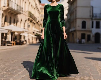 Emerald Green Velvet Maxi Dress Women, 3/4 Sleeve Floor Length Gown, Elegant Velvet Evening Dress, Winter Wedding Guest or Formal Outfit
