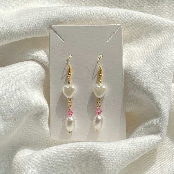 pearl heart coquette earrings- aesthetic cottagecore, fairycore pastel red