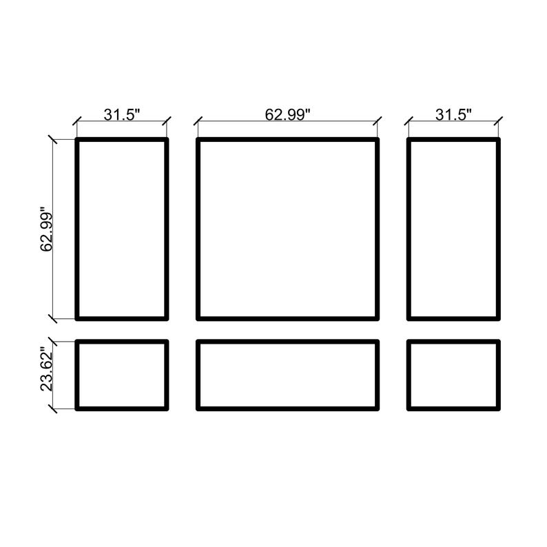 Diagram of a wall molding design arrangement. The central rectangle is 62.99 inches wide. Two vertical rectangles are 31.5 inches wide and 62.99 inches tall. Two smaller rectangles are 23.62 inches tall.