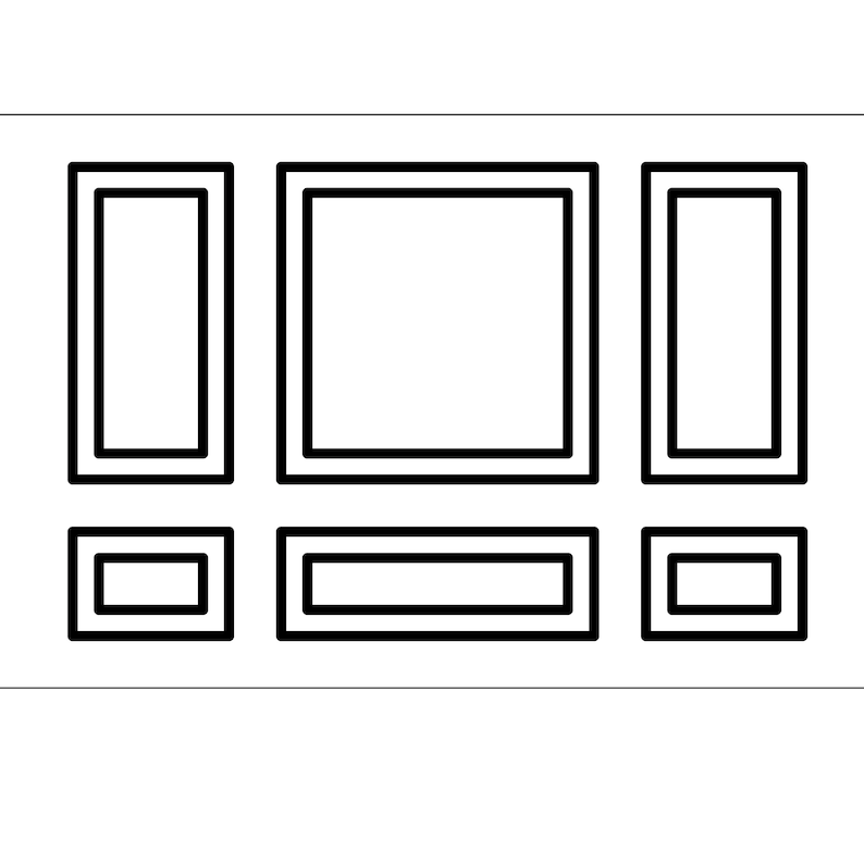 A black and white graphic illustration of a wall panel design. The design features a large central square, two vertical rectangles, and three smaller rectangles. The outlines are thick and bold.