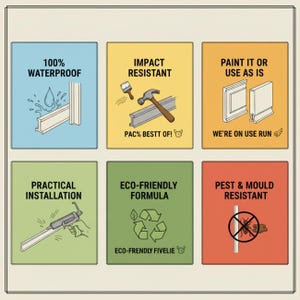 A graphic with six colored squares, each with text and illustrations. The text includes "100% WATERPROOF", "IMPACT RESISTANT", "PAINT IT OR USE AS IS", "PRACTICAL INSTALLATION", "ECO-FRIENDLY FORMULA", and "PEST & MOULD RESISTANT".