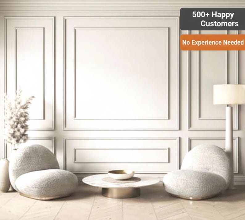 A modern living room with two rounded, textured armchairs, a round coffee table, and a floor lamp. The room has white paneling on the walls and the text "500+ Happy Customers" and "No Experience Needed".