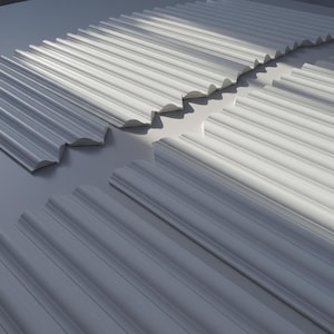 May include: White decorative molding pieces with a fluted design. The pieces are arranged in a pattern, with shadows creating depth. The molding has a scalloped edge and is likely for interior design or architectural use.