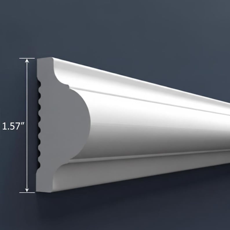A white wall molding profile, 1.57 inches in height, against a dark blue background. The molding features a curved design with a decorative edge, suitable for interior design and home improvement projects.