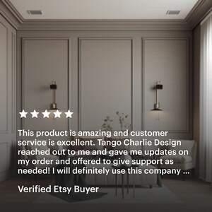 a verified etsy buyer review with a 5 star showing the wall molding kit  stating great service