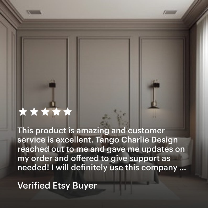 a verified etsy buyer review with a 5 star showing the wall molding kit  stating great service
