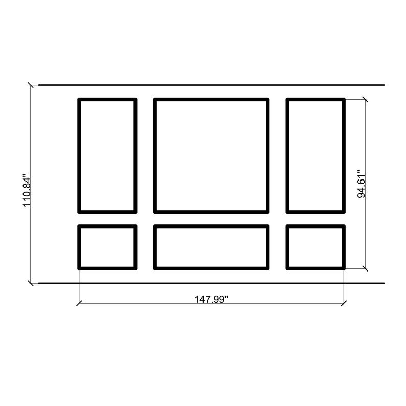 A black and white architectural diagram of a wall panel design. The overall dimensions are 147.99 inches wide and 110.84 inches high. The design includes six rectangular panels of varying sizes.