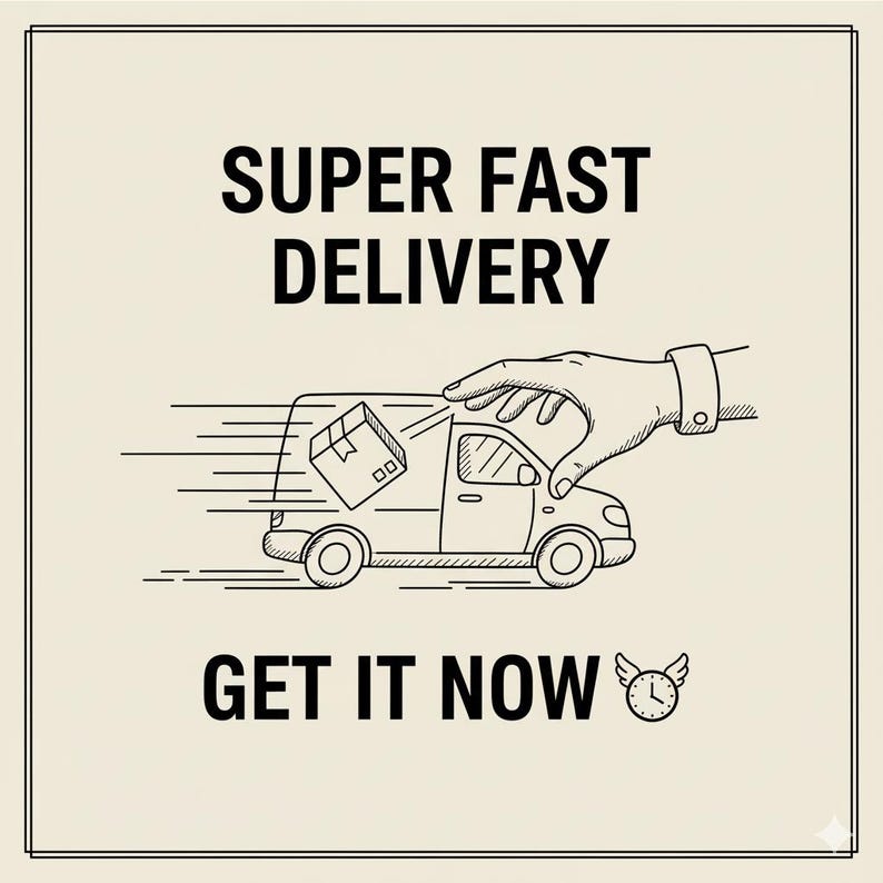 Illustration with the text "SUPER FAST DELIVERY" and "GET IT NOW". A hand is reaching towards a delivery van with a package. A clock with wings is at the bottom right.