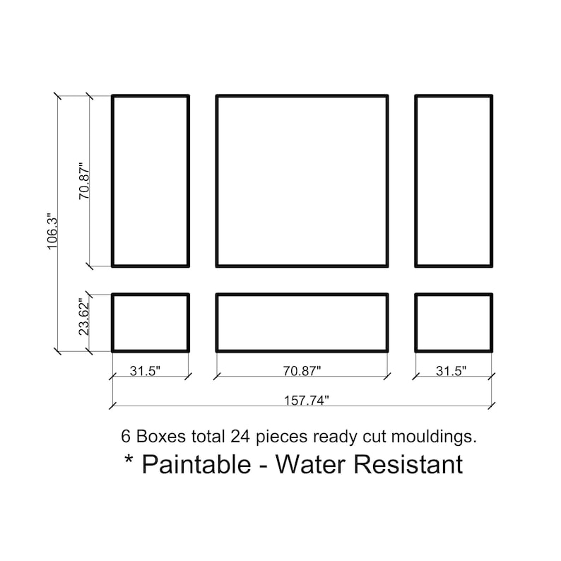 May include: Diagram of six rectangular boxes with dimensions labeled in inches. The boxes are arranged in a grid-like pattern, with measurements including 106.3", 70.87", 31.5", and 157.74". Text indicates the product is paintable and water-resistant.