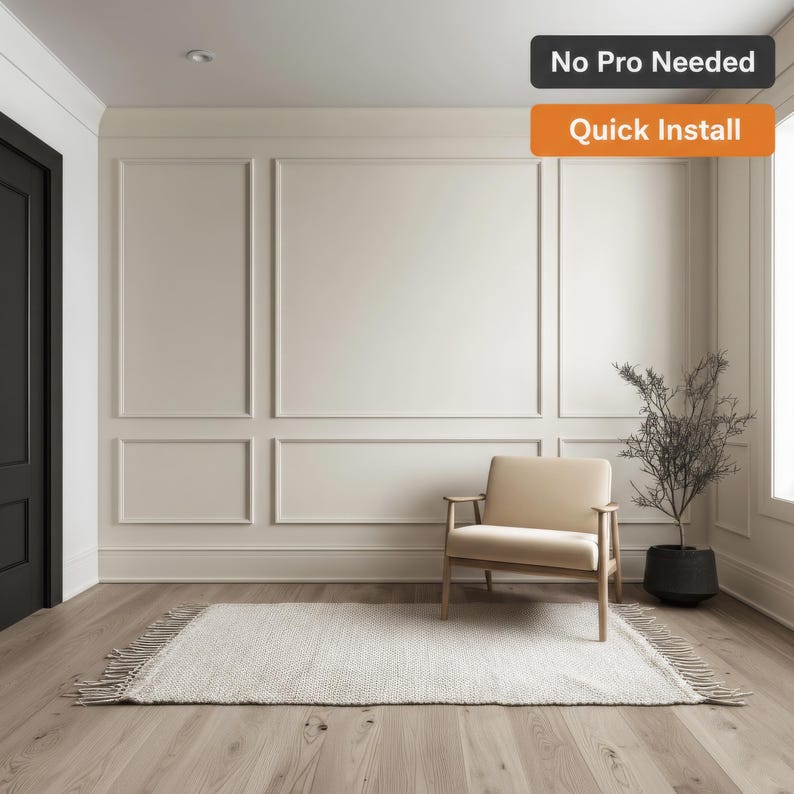 Wainscoting Kit for a living room neutral colors with a text no pro needed and quick install on the image