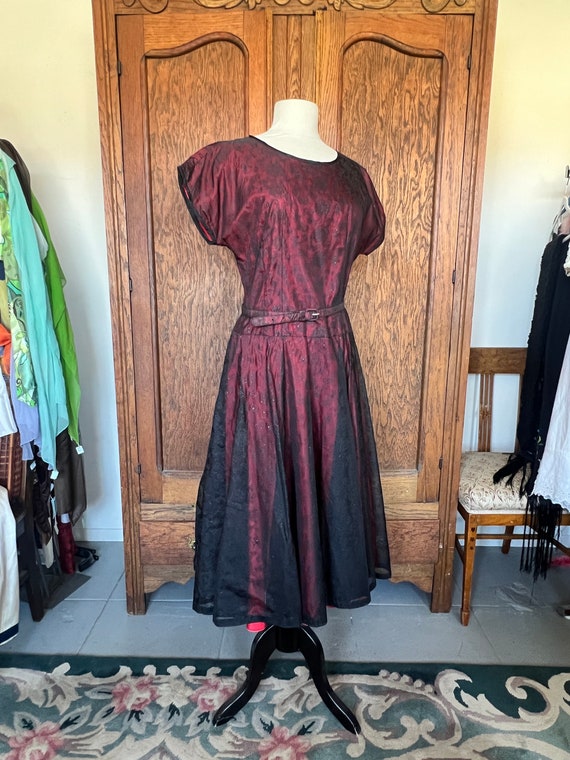 1950s | Red w Black Overlay | Cocktail Dress | Hol