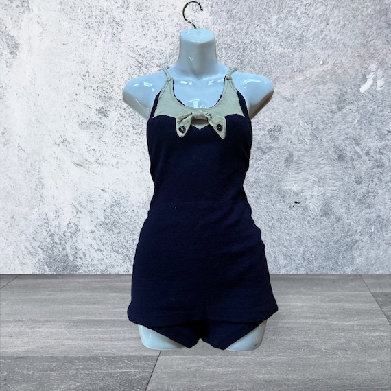 1930s swimaway navy deco bow wool swimsuit - image 1