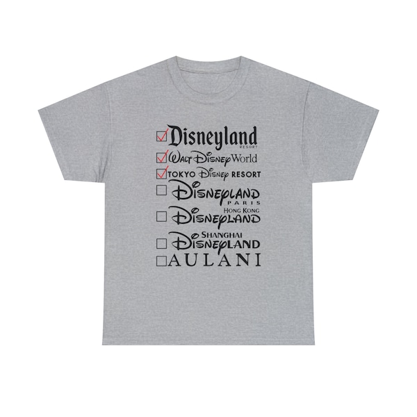 Disney Bucket List Shirt Adult Unisex Heavy Cotton Graphic Tee Shirt - Shirt can be customized to show parks you have visited